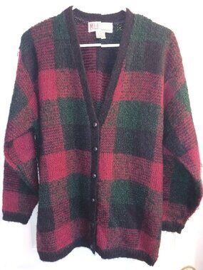 VTG 80's Milano Design Group Plaid Chunky Mohair Blend Cardigan M Red Green